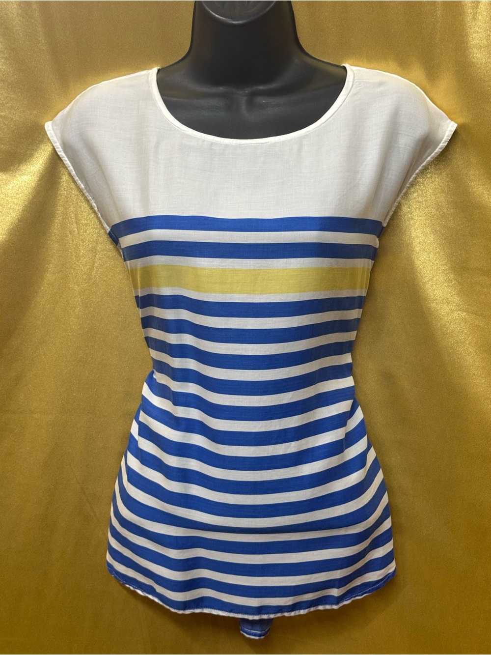 Talbots Striped Sleeveless Blouse | Size S 100%โ Lyocell Blue White Yellow